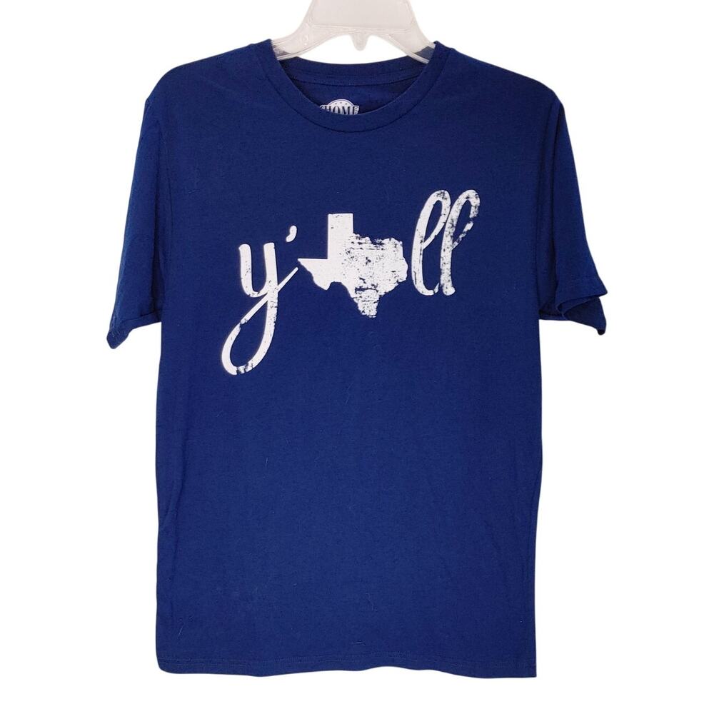 Texas Y'all Graphic T-Shirt Short Sleeve Crew Neck Blue White Home Free Mens S